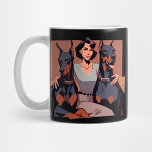 Retro woman with two doberman dogs Mug